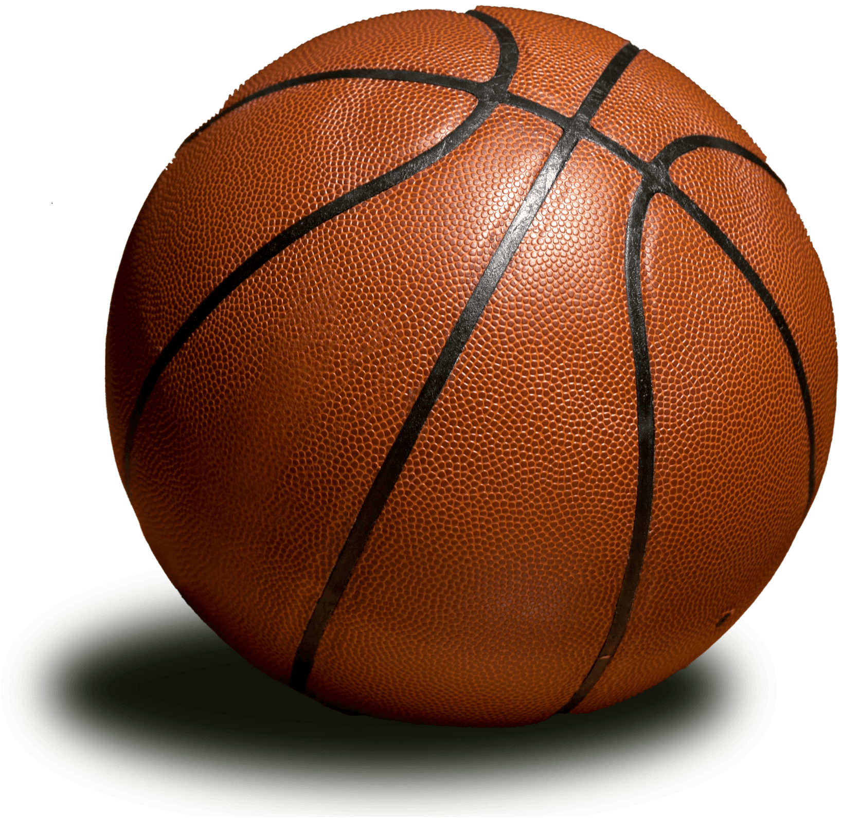 Black and grey image of a basketball with shadow on the floor