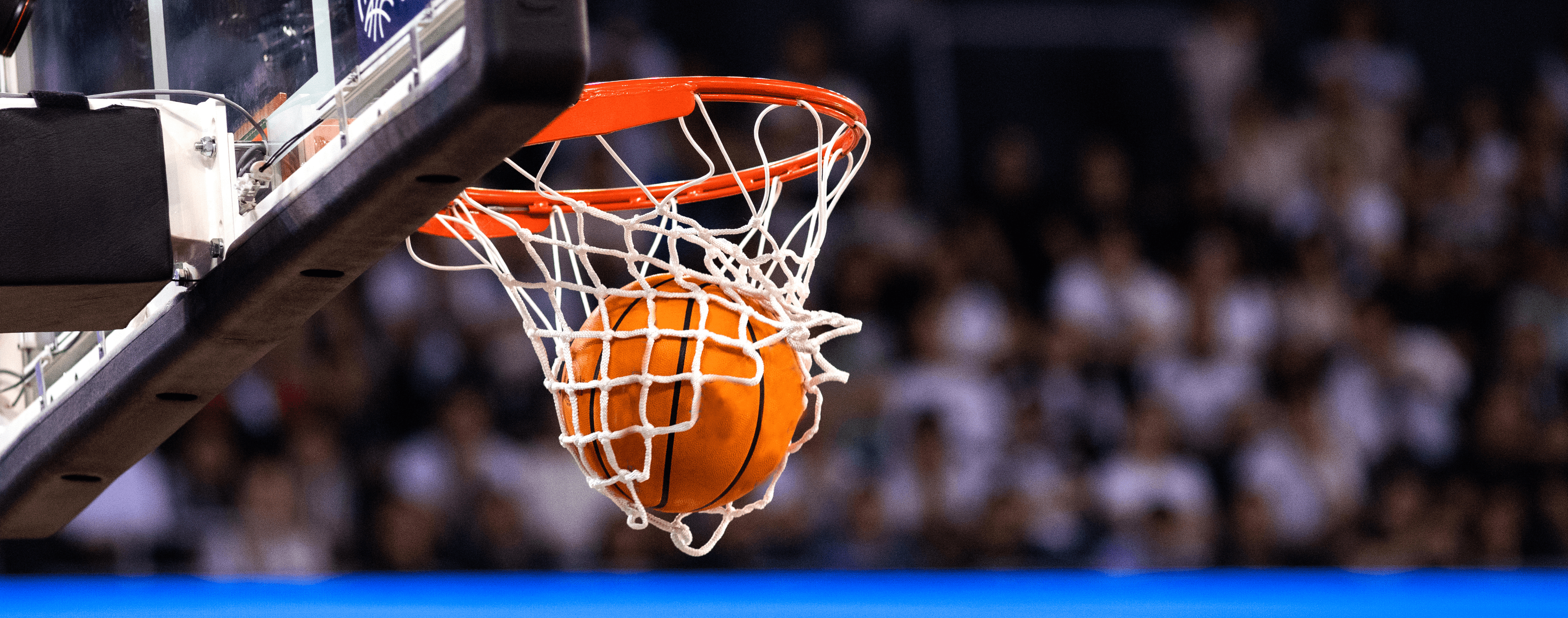 Black and gray image of a basketball disappearing into the basketball net